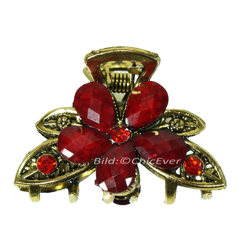 Haargreifer Blumen Haarklammer Metall Strass 3x2cm rot gold 5692c - zum Schließen ins Bild klicken